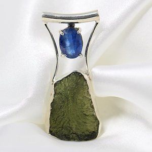 Sterling Silver Oval-Cut Blue Kyanite & MOLDAVITE Slider Pendant